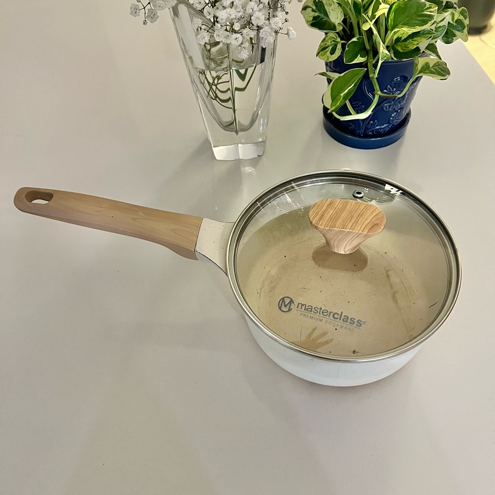 MasterClass White Non-Stick Saucepan with Wooden Handle